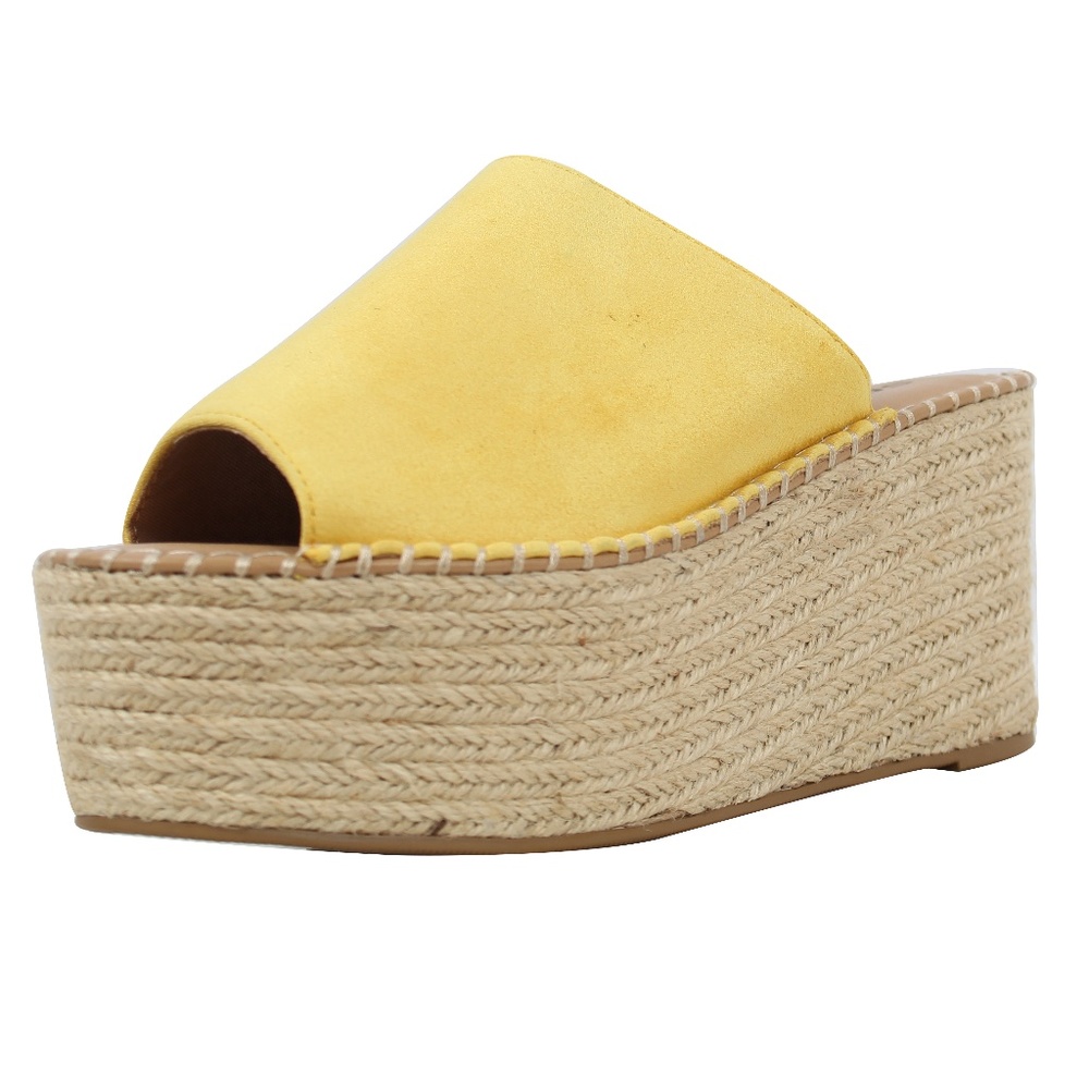 Yellow Faux Suede Open Toe Espadrille Platform Wed - Picture 2 of 5